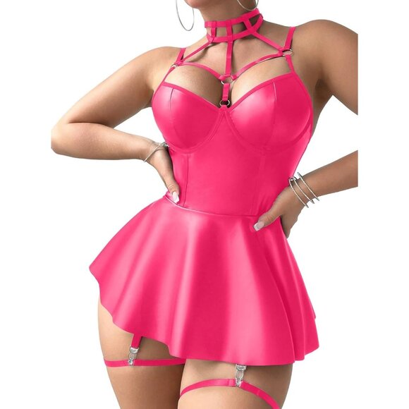 Women Hot Pink Strappy Leather Underwire Choker Garter Belt Lingerie Set Dress - Picture 4 of 6